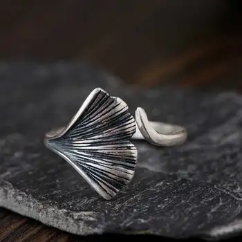 

FNJ Ginkgo biloba Ring 990 Silver Original Pure S990 Sterling Silver Rings for Women Jewelry Open Adjustable Size Leaf