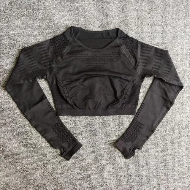 Black tops Женский бесшовный набор для фитнеса с высокой талией, энергетический спортивный костюм, спортивные сетчатые леггинсы, рубашки, спортивный костюм с длинными рукавами, спортивные комплекты для бега - Цвет: Black tops