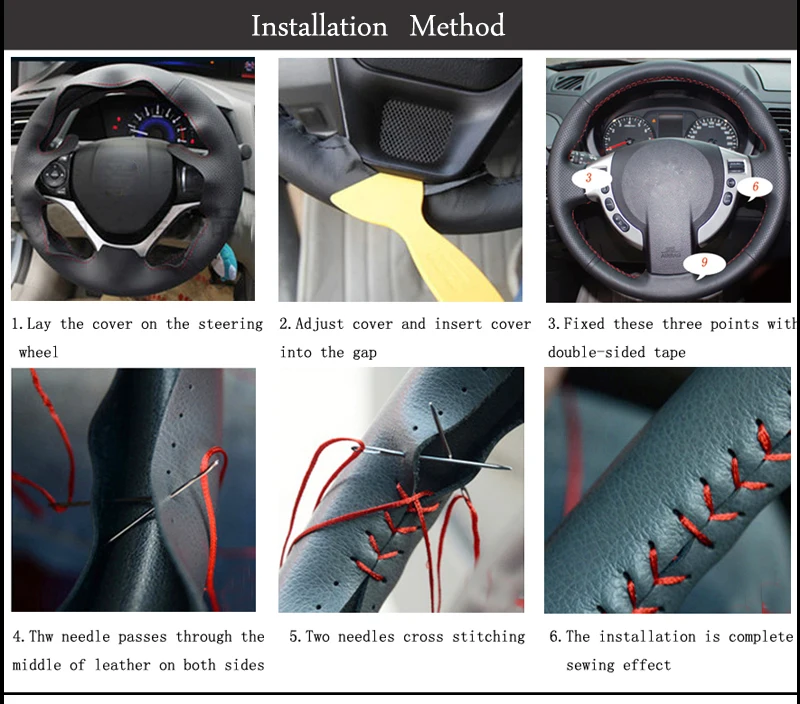 DIY hand-ched black genuine leather braid steering wheel cover accessories for Hyundai Elantra 2011- Avante I30 2012