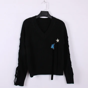

Runway Lace Up Sleeve Knitted Sweater Women V-Neck Pullovers Female Autumn Butterfly Embroidery Star Jumper Winter Pull Femme