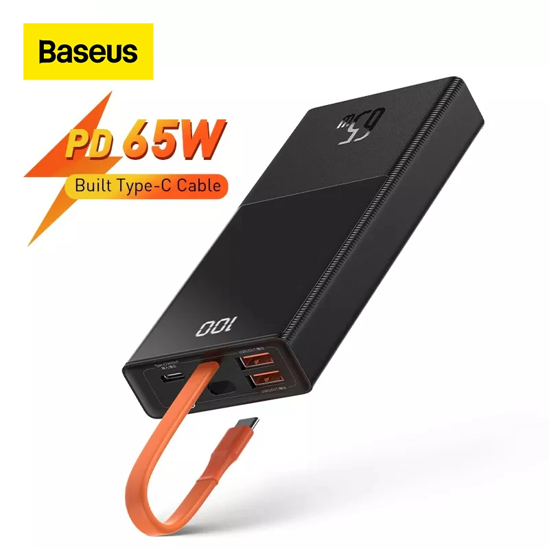 Baseus Power Bank 20000mAh PD 65W Fast Charging Portable Battery Built cable PoverBank For iPhone 12 Pro Xiaomi Huawei Laptop best power bank brand