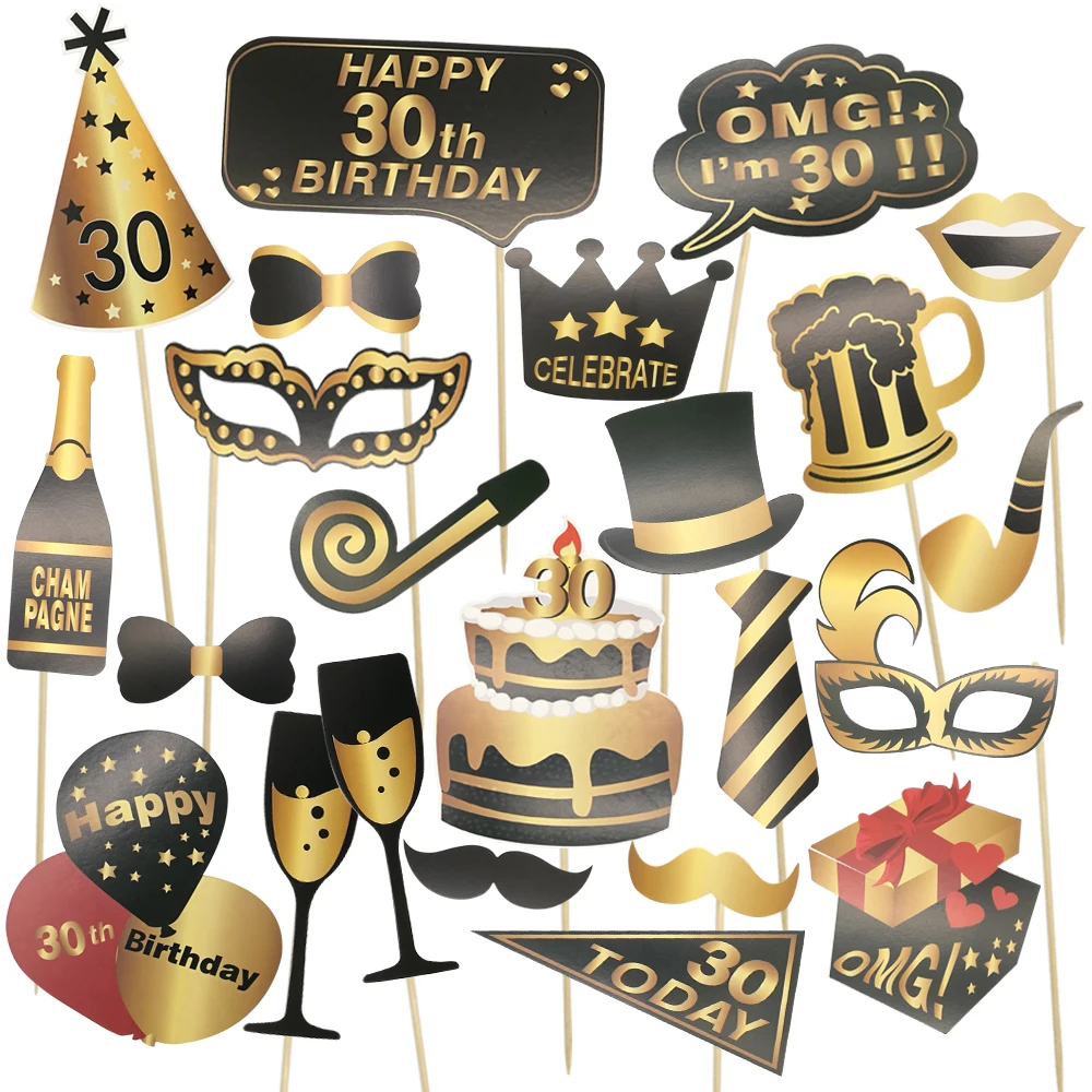 30th 24 шт. 30th 40th 50th 60th с днем рождения; реквизит для фотокамер; с капюшоном с изображением забавная маска Шапки губ усов Корона Photo Booth для взрослых вечерние Декор - Цвет: 30th