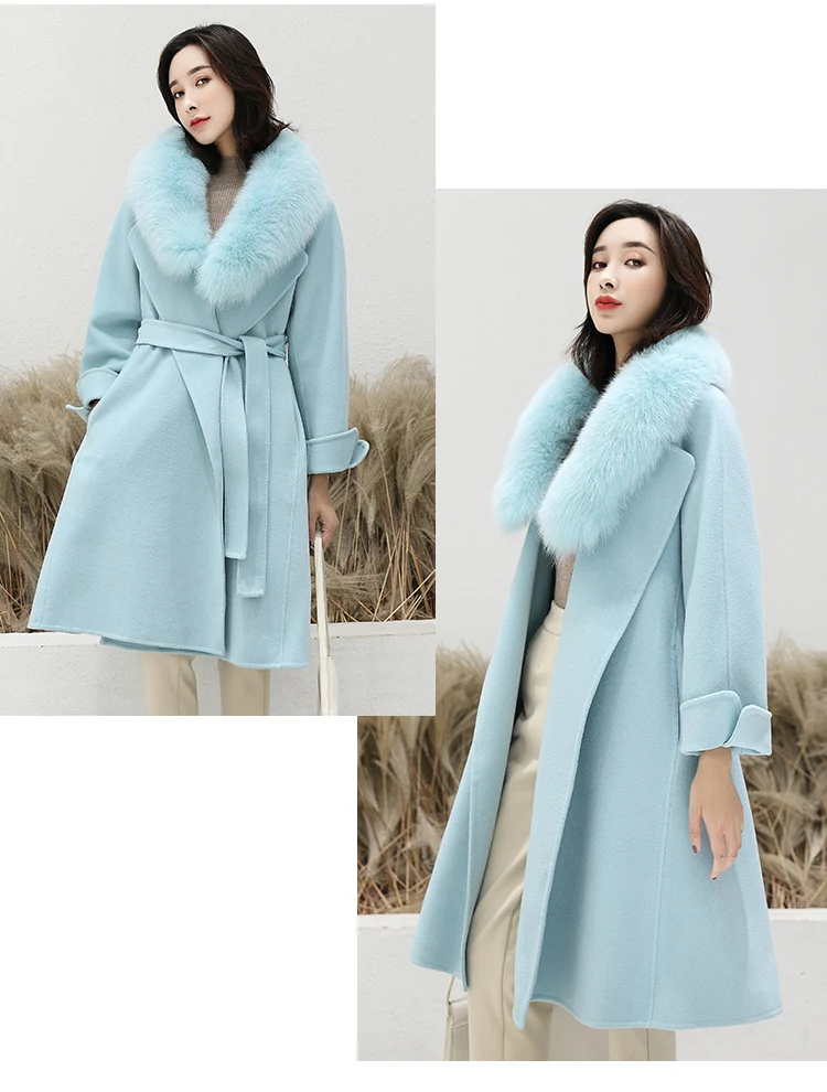 Flash Deal Women 2019 Winter Natural Fox Fur Collar Double-Sided Wool Blends Coat Female Thicken Warm Sheep Shearing Long Overcoat 14