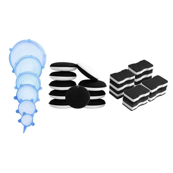 

7 Pcs Blue Silicone Stretch Lids Stretch Lids & 20 Pcs Sponge Dishwasher Round-Rectangular Cleaner Cleaning Brush