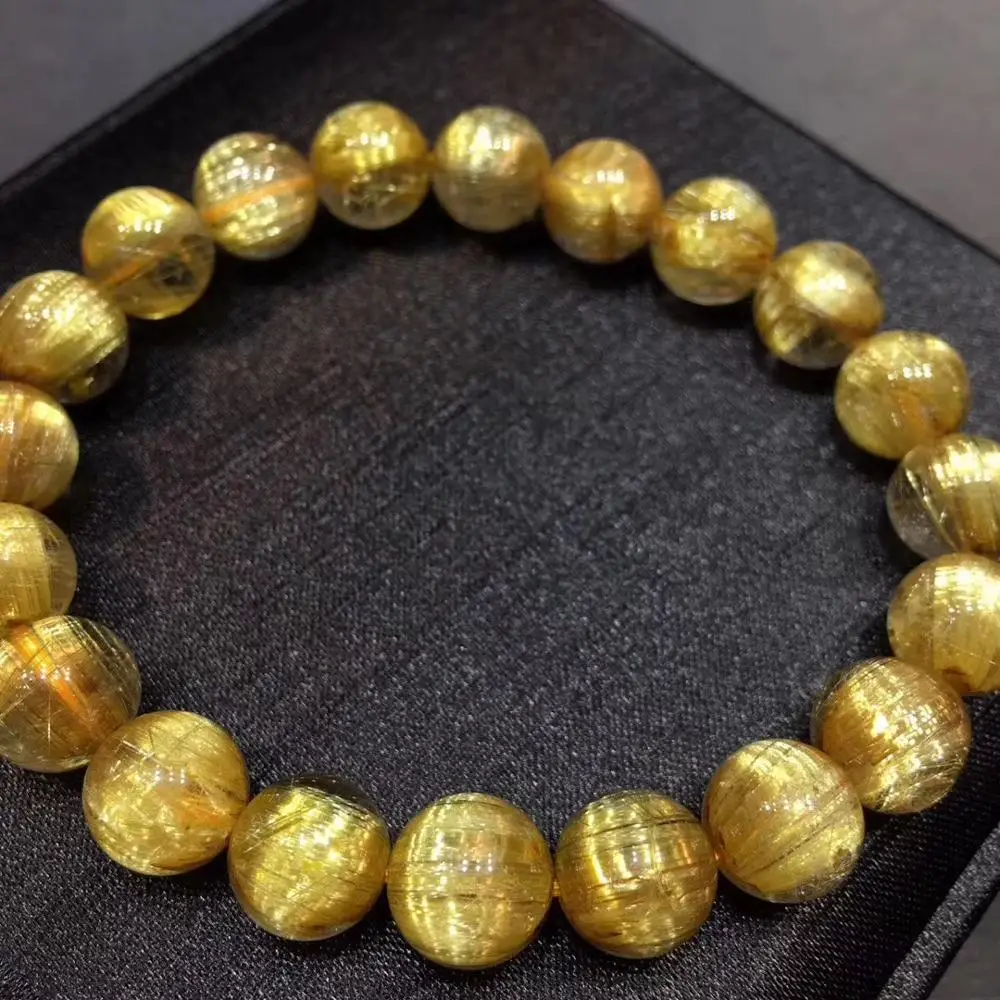 

9.5mm Top Natural Gold Rutilated Quartz Crystal Bracelet Crystal For Woman Man Clear Round Beads Wealthy Stone Certificate AAAAA