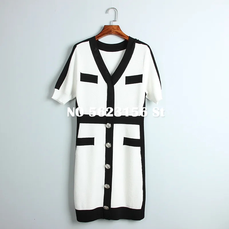 

Spring Summer Ladies Dress Women Knitted Stretch Short-sleeved Mid-length Dresses Buttons Design High-quality Clothes