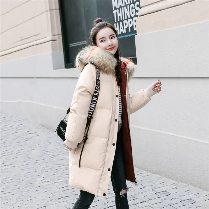 

Winter 2019 new big fur collar down cotton jacket female medium-long section thicken hooded loose large size fashion coat YH406