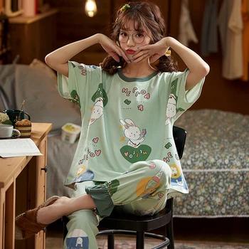 

JULY'S SONG Woman Cotton Summer Pajamas Set 2 Pieces Short sleeve Cute Cartoon Rabbit Alphabet Sleepwear Casual Pajamas Homewear
