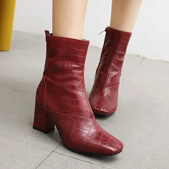 

British Style Women Autumn Boots Crocodile Square Toe Cowboy Girl Boots Autumn Shoes Woman Booties Bottine femme Bota Feminina