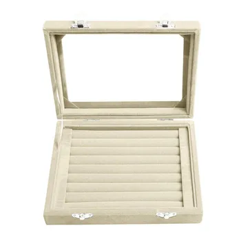 

8 Booths Velvet Gray Carrying Case With Glass Cover Jewelry Ring Display Box Tray Holder Storage Box Organizer G2