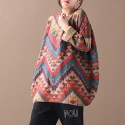 Национальный ретро-пуловер, свитер, корейский стиль, свободный и большой размер, смешанные цвета, вязаная Базовая куртка, свитер