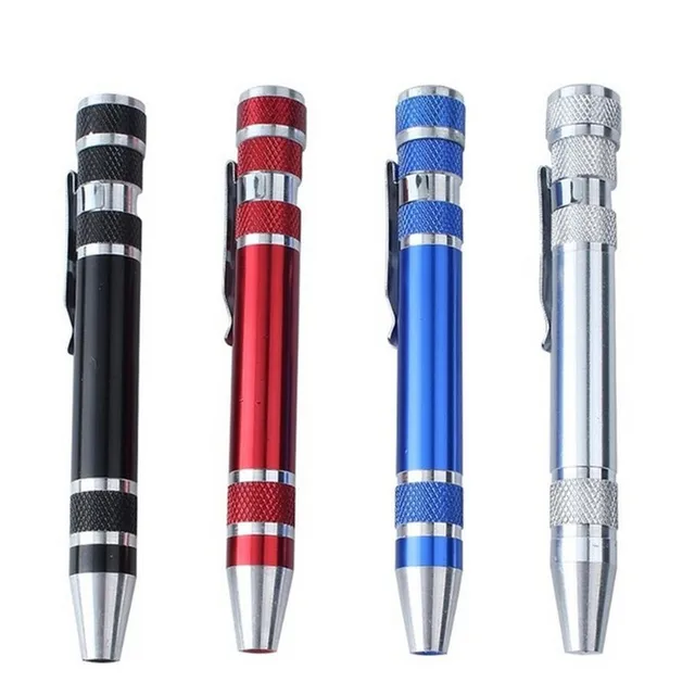 Multi-function Pocket Eight-in-one Screwdriver with Magnetic Mini Portable Aluminum Tool Pen — Black, Blue, Red, and Silver