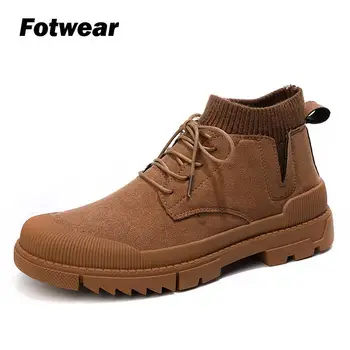 

Ankle Boots Winter Ankle Boots Pu Leather Men Boots Work Shoes Round Toe Lace-Up Black Men casual shoes sock style work shoes