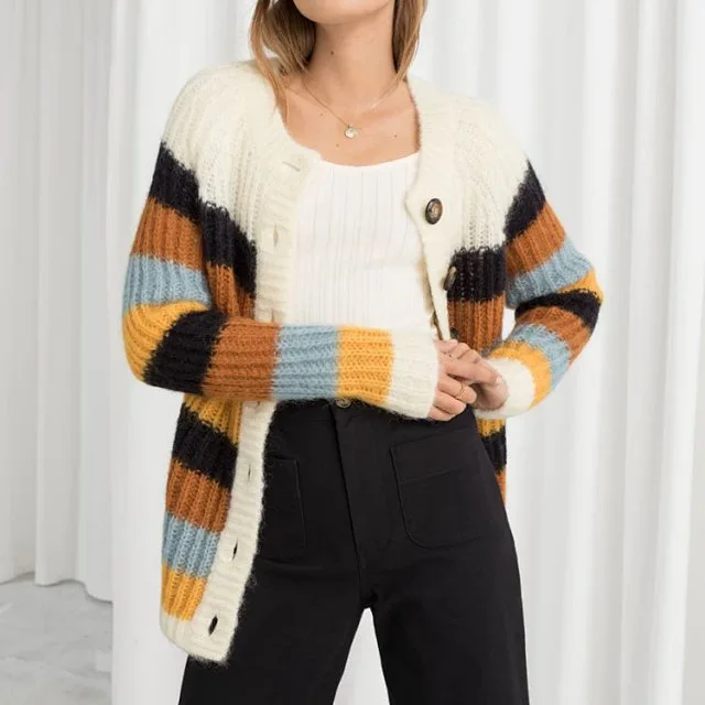 

Mohair Wool Contrast Striped Jumper Cardigan Features Big Round Button Closure - Fall/Winter 2019 New Ladies Knitted Sweater Top
