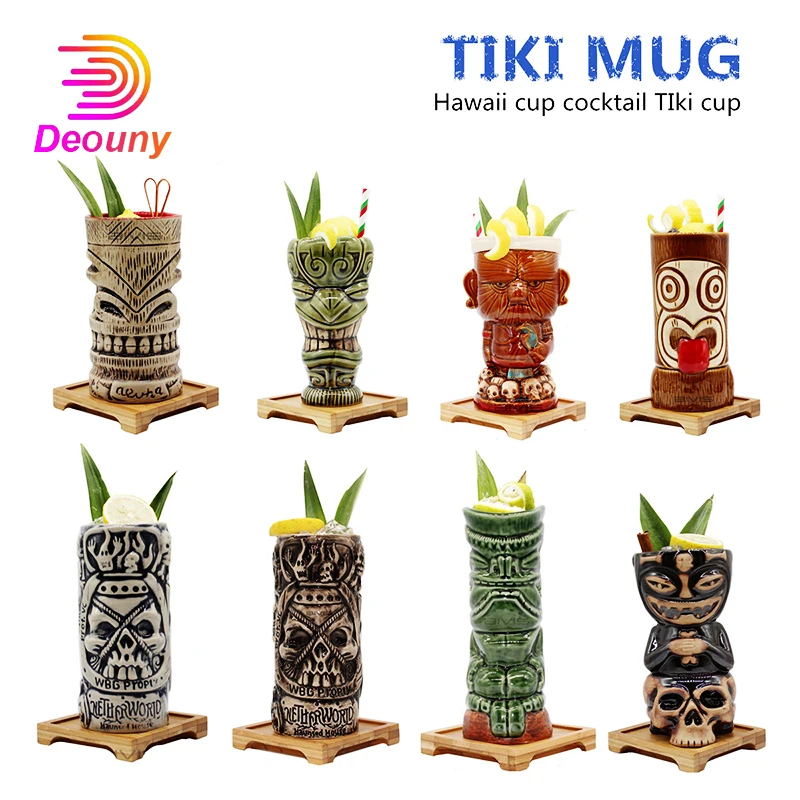 

DEOUNY Tiki Mug Cocktail Tumbler Ceramic Hawaiian Glass Luau Party Mugs Drinkware Exotic Glasses Bar Professional Barware
