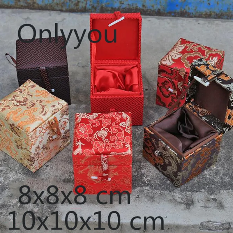 8 10 Cube Silk Brocade Wooden Jewelry Box Cotton Filled Chinese Jewellery Gift Packaging Collection Case Home Decoration