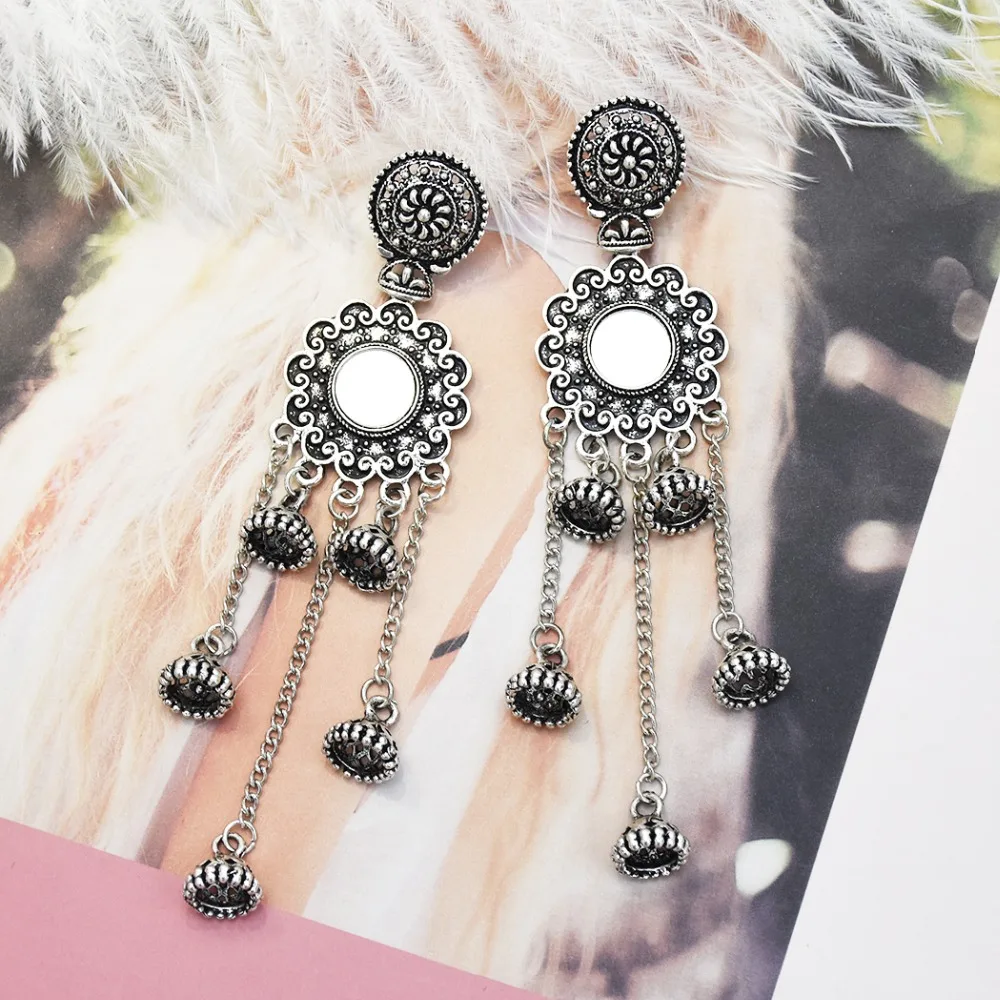 Afghan Indian Earrings Jewelry Silver Long Tassel Drop Jhumka Earrings for Women Mirror Statement Earring Gypsy Tribal Bijoux