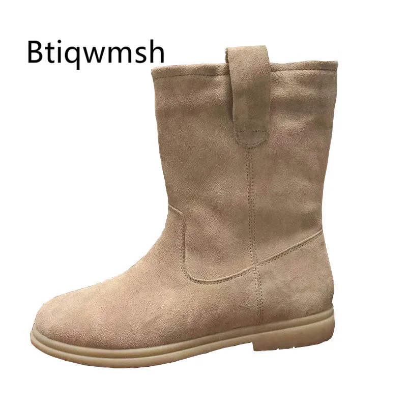 

2020 Newest Snow Boots Women Round Toe Beige Black Kid Suede Flat Boots Ladies Wool Fur Ankle Boots Winter