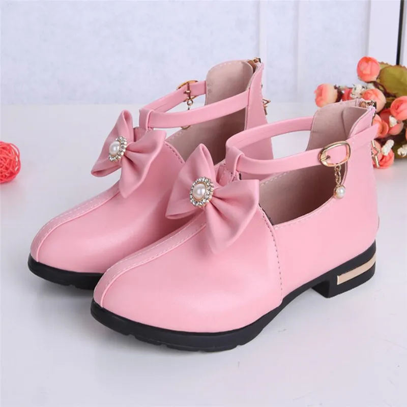 Модные ботинки для девочек кожаная обувь принцессы детская с кружевным бантом