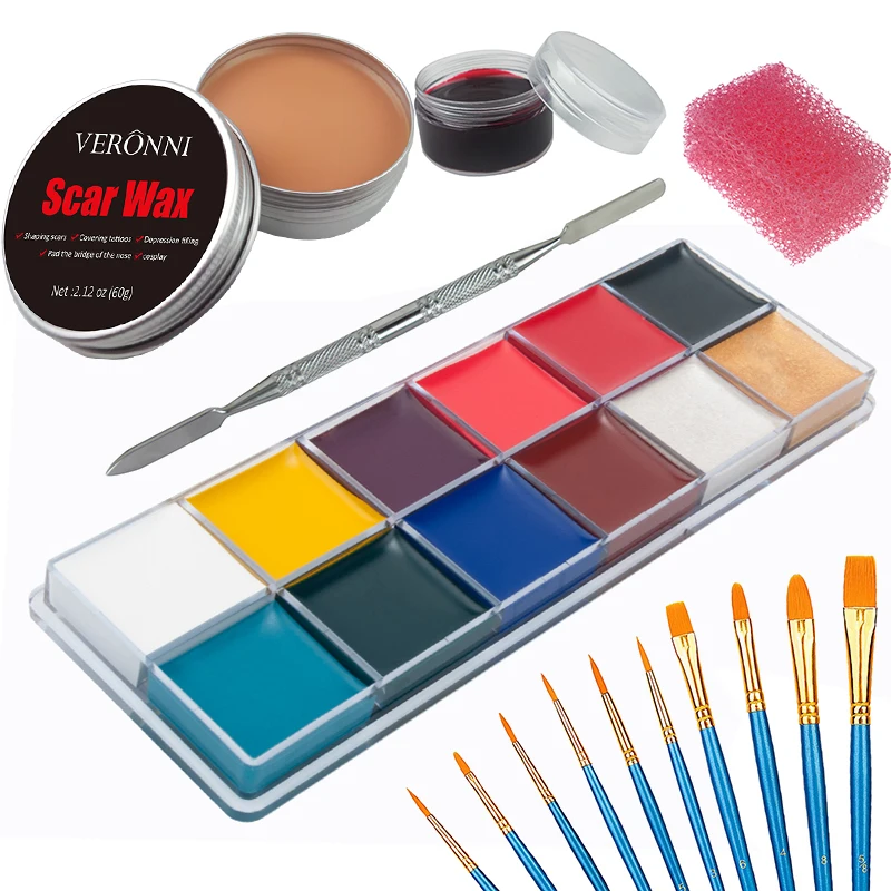 Ultimate Special Effects SFX Makeup Kit with 12 Color Face & Body Paint, Wound Scar Wax, Fake Scab Blood, and Spatula Tools for Halloween and Stage Transformations