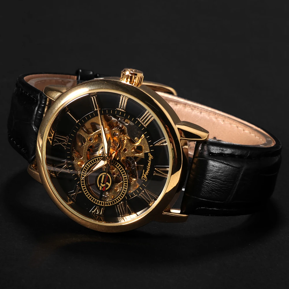 Cena FORSINING moda Sport biznes mężczyźni zegarki Top marka luksusowy zegarek mechaniczny szkielet czarny złoty zegar horloges mannen