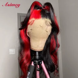Asimey Lace Front Body Wave Highlight 613 Ombre Half Black And Red Human Hair Wig 32in Preplucked Transparent 13X4 180%For Women