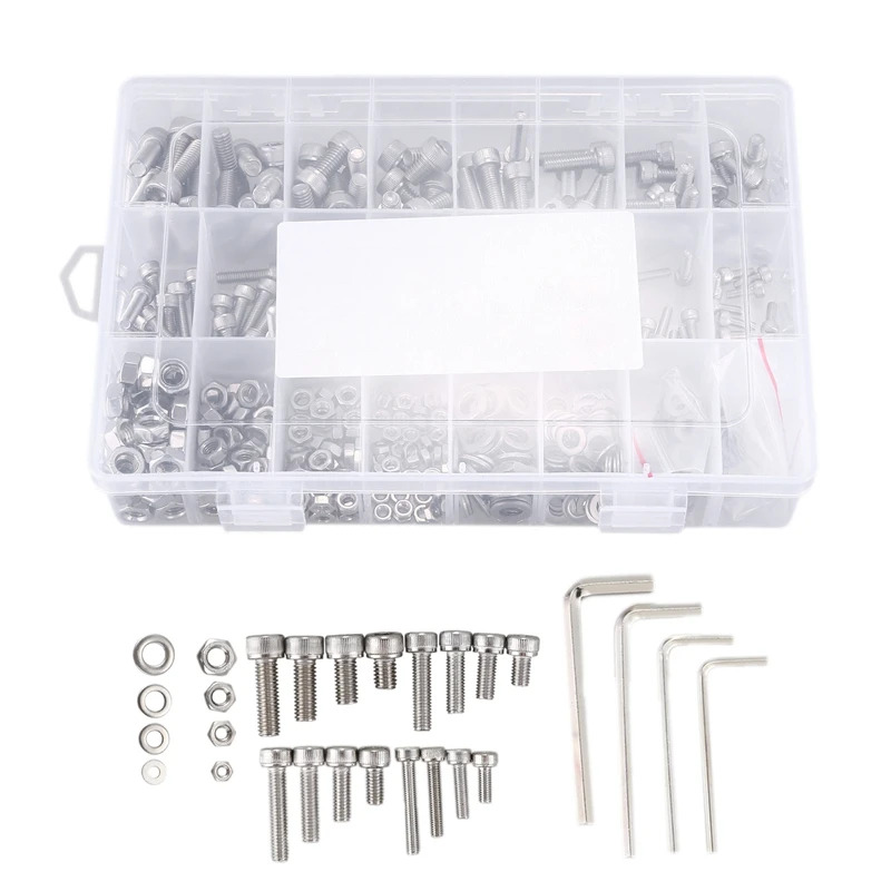 

304 Stainless Steel Screws and Nuts M3 M4 M5 M6 Hex Socket Head Cap Screws Assortment Set Kit with Storage Box (520 x Hex Button