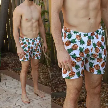 

2020 New Men Summer Couples Pineapple Green Leaf Print Plunge Swim Casual Holiday Swimming Beach Shorts