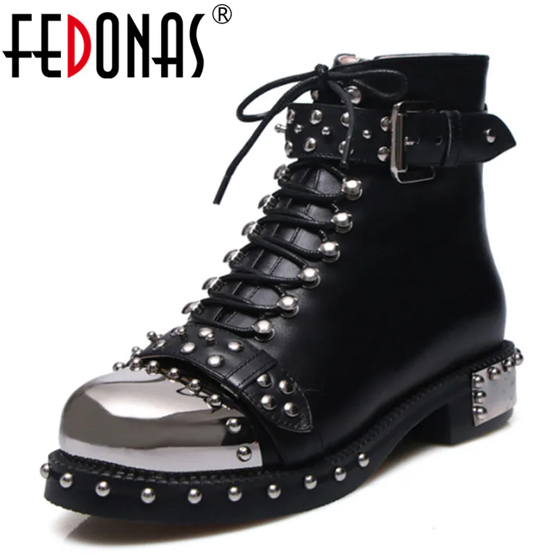 FEDONASPunkGenuineLeatherBootsWomenRivetsSquareHeelsAutumn