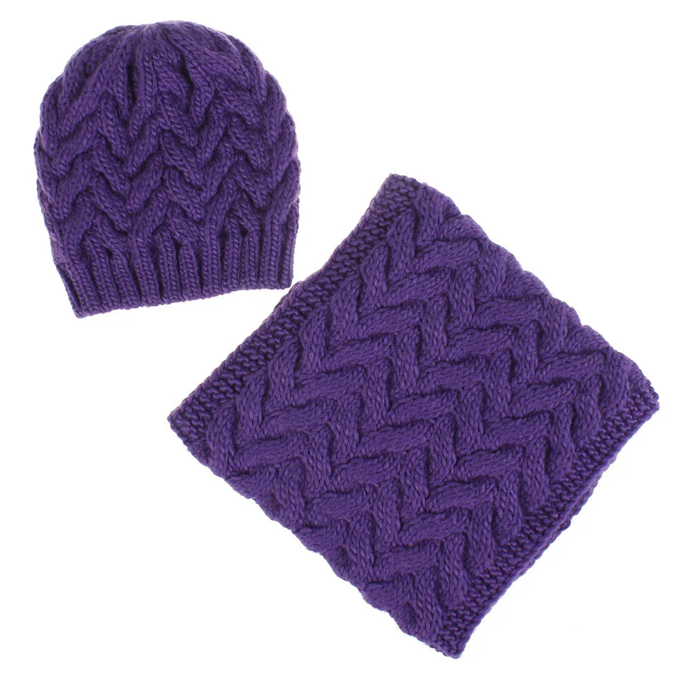 New Style Knitted Hat Scarf Set European And American-Style Winter WOMEN'S Hat Twist Knitting Wool Cap Warm Scarf - Цвет: Темно-фиолетовый