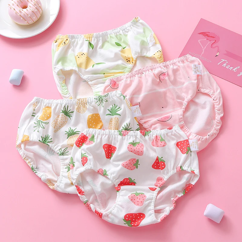 

4Pcs Lot Brief Underwear Girls Soft Breathable New Cute Girl Briefs Shorts Four Seasons Fruit Pattern Cotton Schoolgirl Briefs