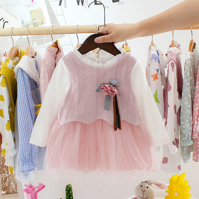 Платье с длинными рукавами для маленьких девочек милое платье принцессы с цветочным принтом для дня рождения, 1 год, платье для маленьких девочек Одежда для младенцев, Vestidos - Цвет: Розовый