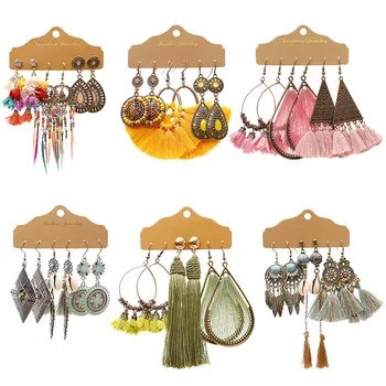 Boho-기하학 꽃 크리스탈 술 롱 드롭 귀걸이 세트, 빈티지 에스닉 멀티 컬러 비즈 깃털 귀걸이 쥬얼리