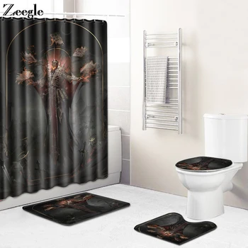 

Zeegle Pinted Bath Mat Set Waterproof Toilet Shower Curtain Anti-slip Shower Room Floor Rug Modern Rug 4pcs Bathroom Mat Set