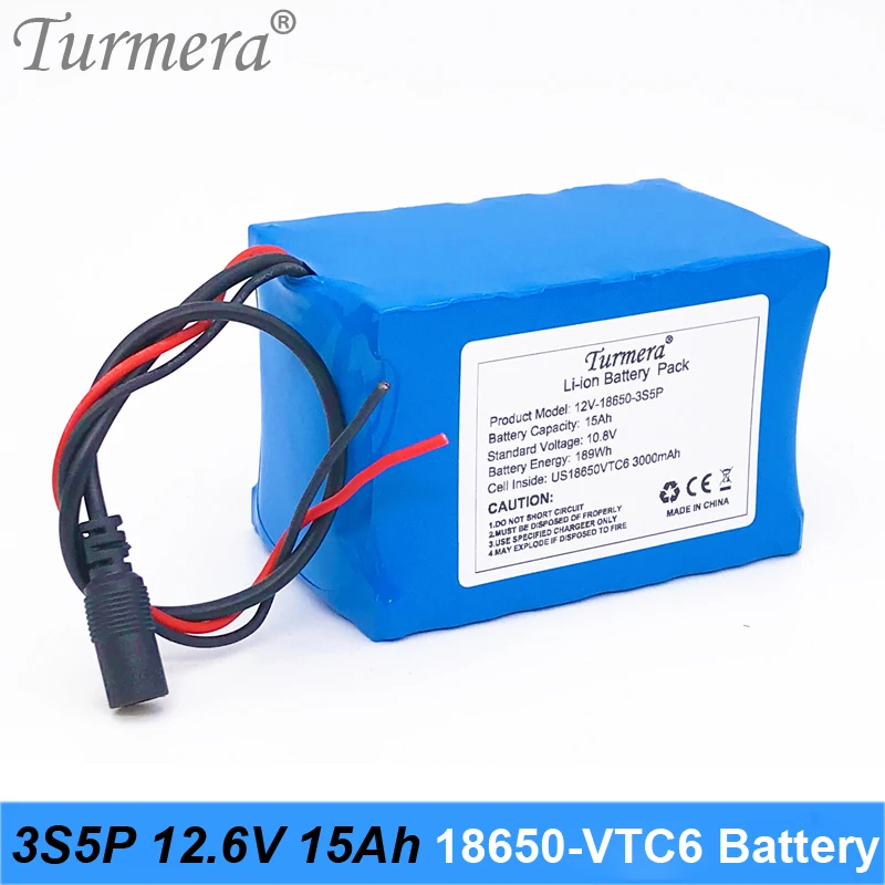Turmera 12V 15Ah 3S5P VTC6 3000mAh battery with 40A BMS for uninterrupted power supply 12V Rechargeable Lithium Battery Pack Use 03