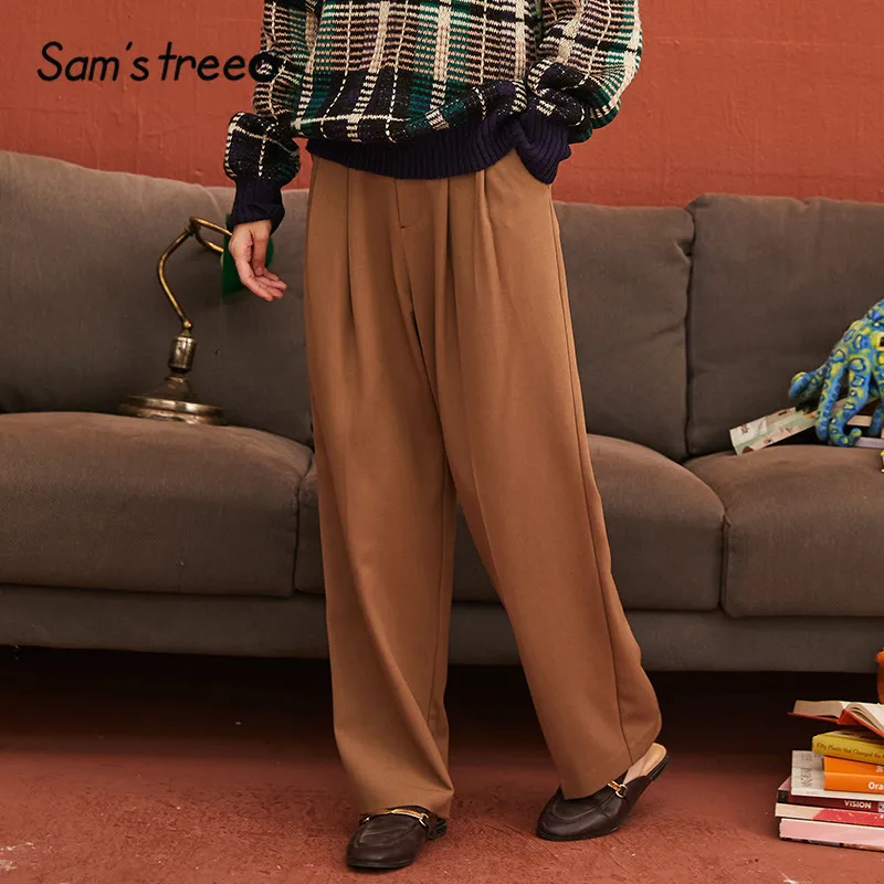 SAM'S TREE хаки однотонный минималистичный стиль Широкие брюки женский костюм брюки зима чистый молния Талия повседневные свободные офисные женские брюки