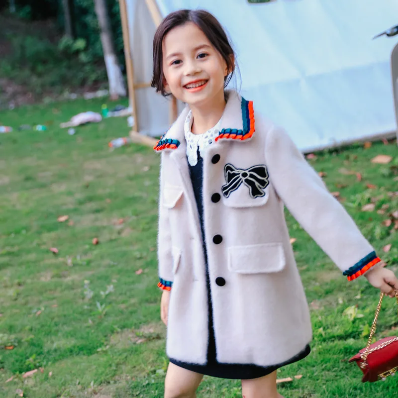 

Girls coat Korean style bow decoration princess autumn winter medium long wool coat 2019 new winter cute children clothes