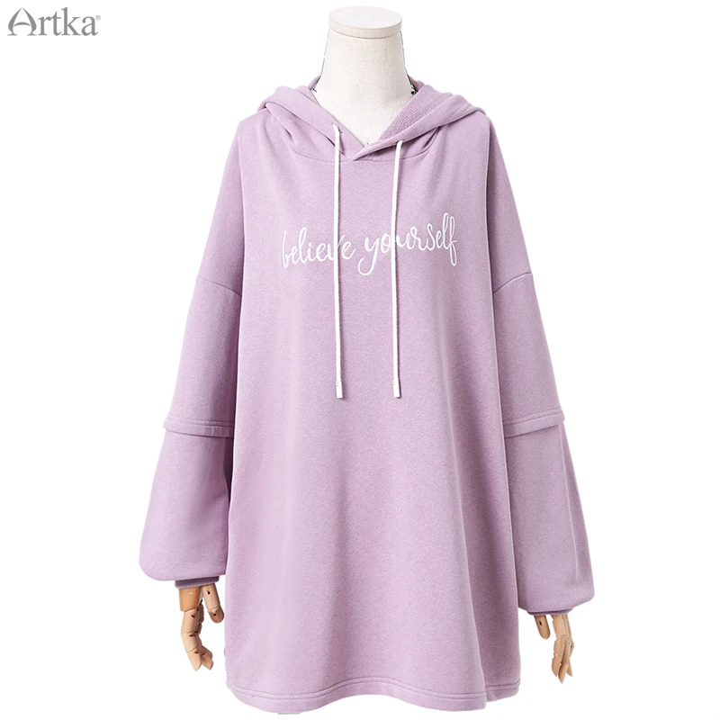 ARTKA Осень Новые женские толстовки модные балахоны с вышивкой длинные свободные повседневные пуловер с капюшоном свитер VA10897Q