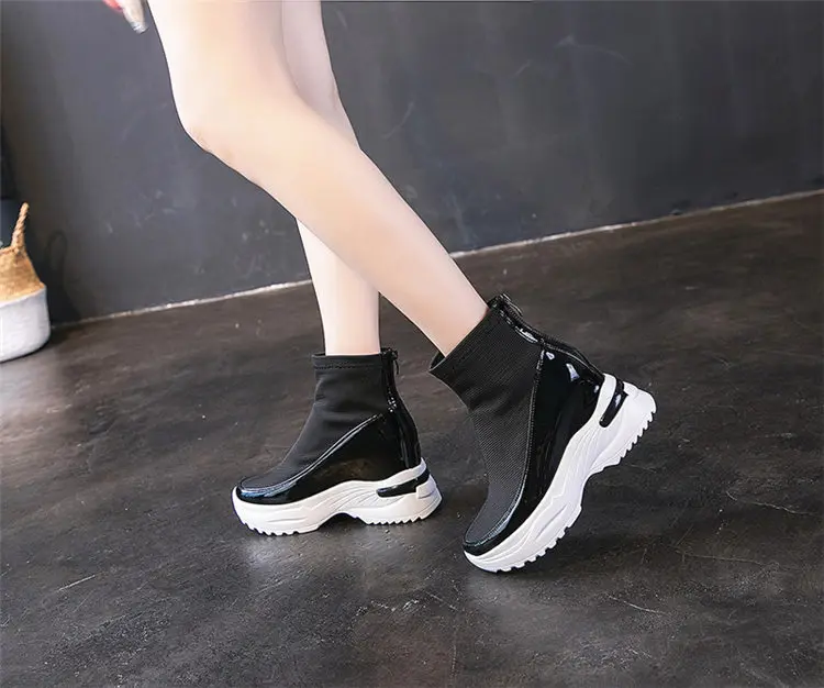 Women's Shoes Fall Mesh High-top Height Increasing Black Silver Women Boots Autumn Winter Thick-soled Leather Ankle Boots Girls