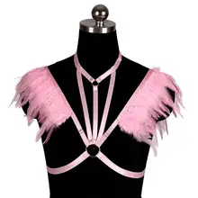 Розовый бюстгальтер с перьями, ремень, клетка, плечо, мягкое женское белье с перьями, топ, романтическая Одежда для танцев, вечеринок, панк стиль, для женщин, плюс размер, бюстье