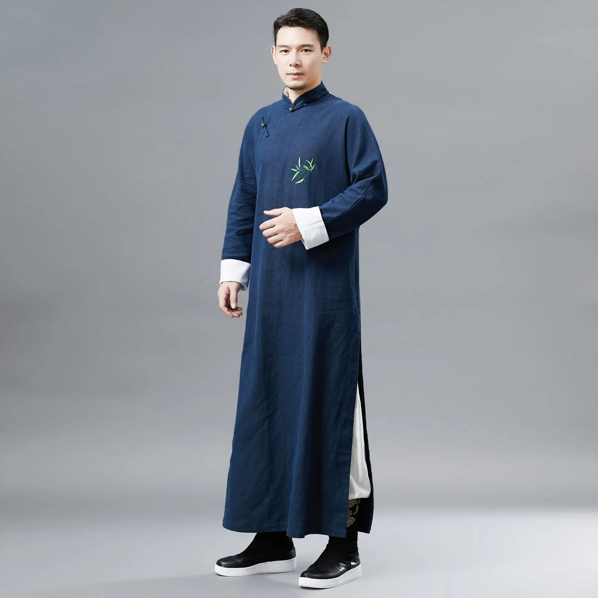 Вышитая бамбуковая длинная рубашка, Мужская одежда, китайский стиль, Национальный стиль, длинная Han стиль, вышитая национальная одежда халаты