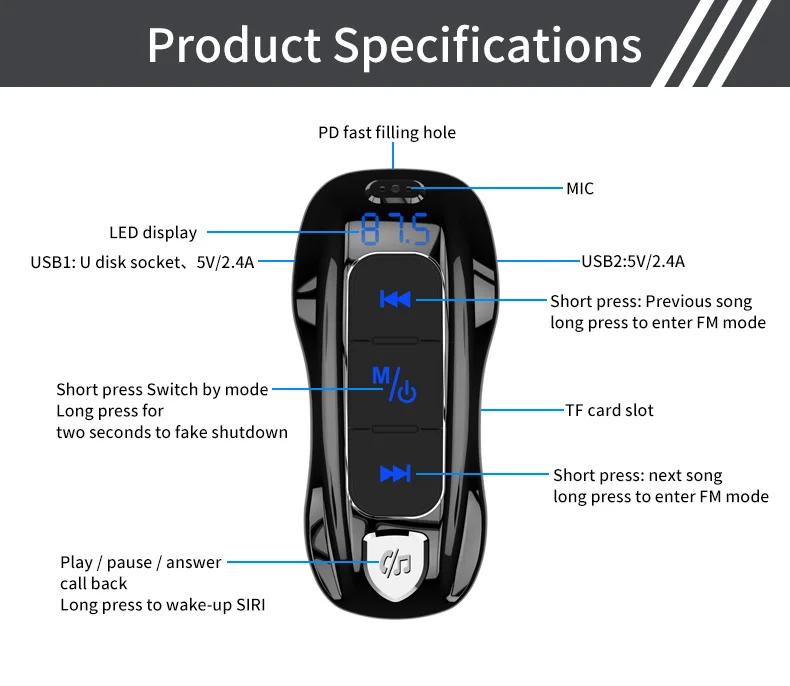 Bluetooth 5,0, fm-передатчик, беспроводная гарнитура, TF, автомобильная аудиосистема, музыкальный mp3-плеер 2.4A, для usb type-C, USB, быстрая зарядка, 3,0, автомобильный комплект