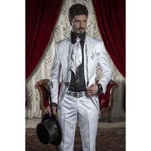 2Pcs Stand-up Collar Jacket Pants Custom Made White Embroidered Blazer Trousers Men's Suit Sets Wedding Party Wear Without Shirt