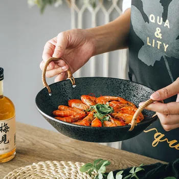 

Japanese style retro hemp rope double ear snack dish creative household ceramic deep plate soup rice bowl tableware