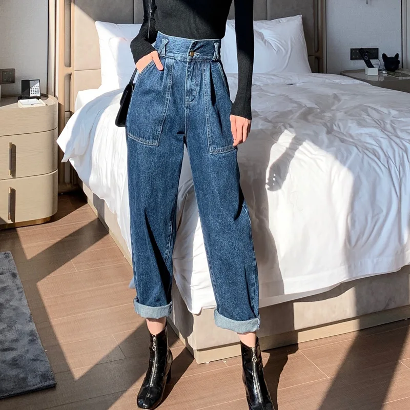 Kopen Herfst En Winter 2019 Nieuwe rondom Hoge Taille Dunne Broek Netto Rode Air Rechte Buis Negen Punten Curling losse Jeans Vrouwelijke