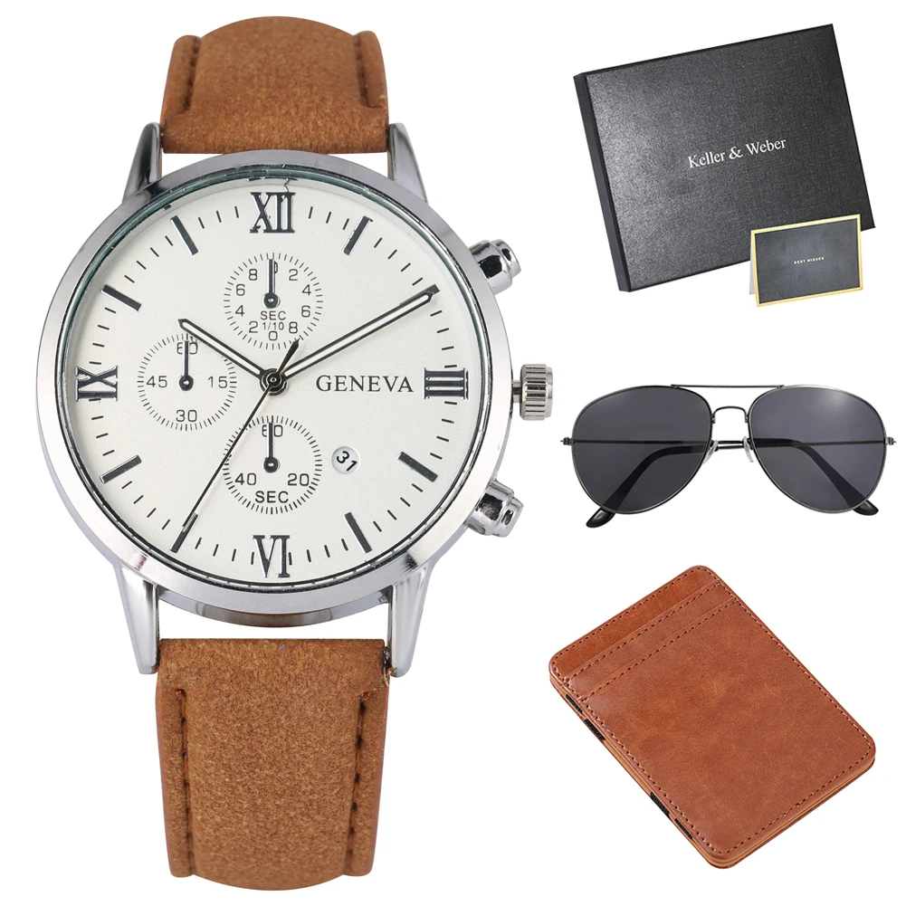 

Men's Brown Watch Set Card Holder Sunglass Gifts Set Quartz Roman Digital Dial Leather Strap Credit Wallet Present for Father