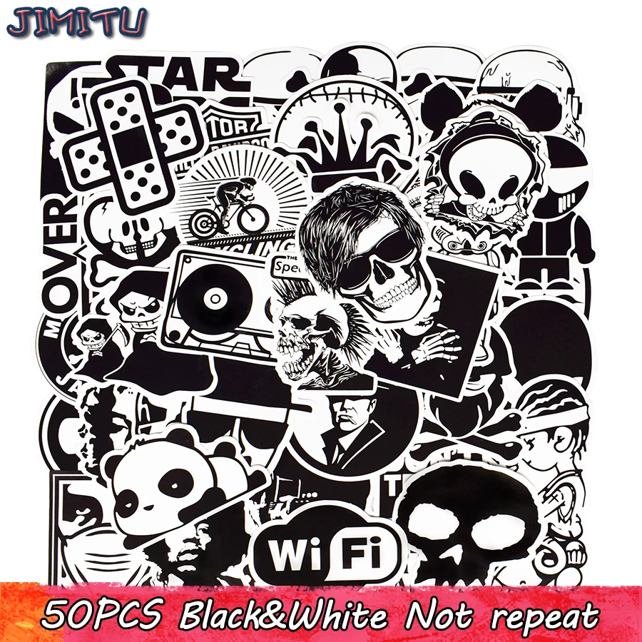 50 PCS Black White Graffiti Stickers Cool JDM Dark Waterproof Sticker Bomb DIY Laptop Skateboard Suitcase Motor Helmet Decals 10 30 50pcs black and white horror punk gothic pattern graffiti sticker suitcase notebook skateboard sticker toy wholesale