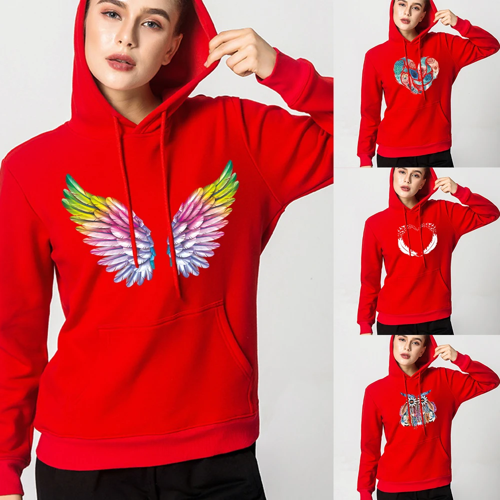 Hoodie Pullover Color Feather Harajuku Style Polyester Cotton Sports Spring and Autumn Sweater Women Trend Girl Student Shirt