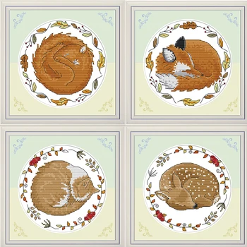 

Cross Stitch Patterns Kits 14CT Hibernate Fox DMC Cross Stitch Printed Embroidery Needlework Set Decoration Counted Cross Stitch