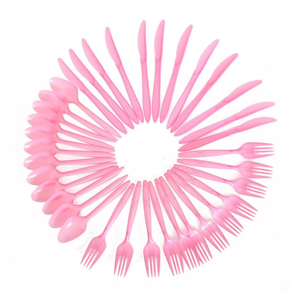 36 Pink Disposable Plastic Strong Spoons Knives Fork Cutlery Set